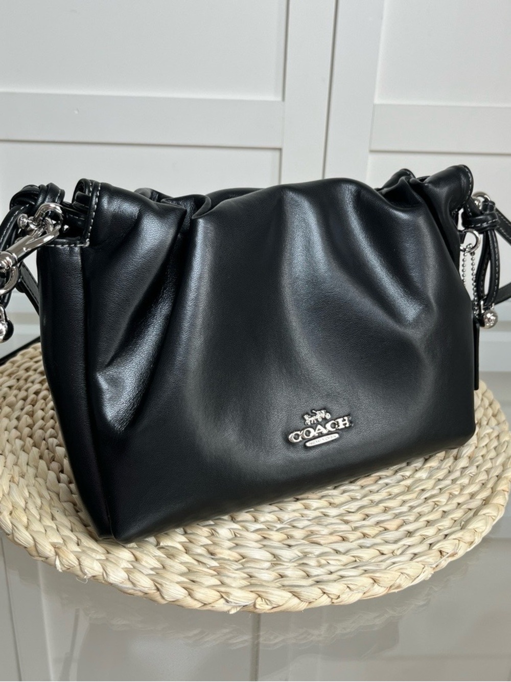 Coach Black Leather Soft Drawstring Shoulder Bag with Silver Hardware